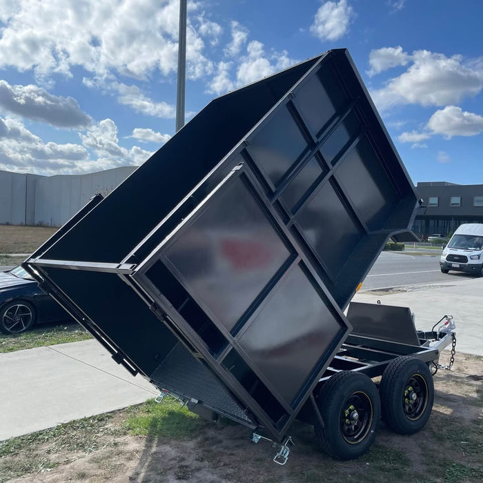 8'x5' Tipper Tandem Trailer 1.5m High Sides + Slide In Ramps