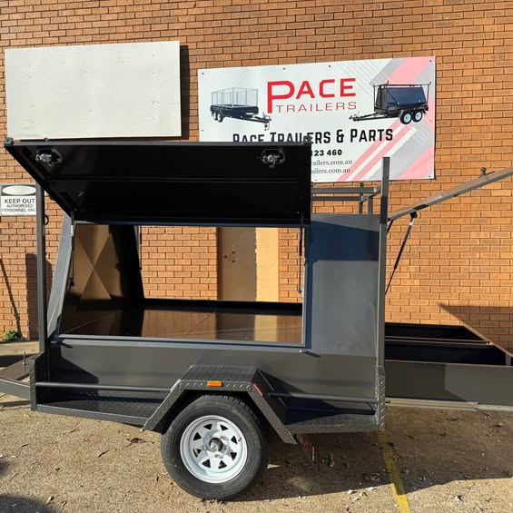 7x5 single axle tradesman top trailer with full length drawers & shelving- 1.4 ton gvm