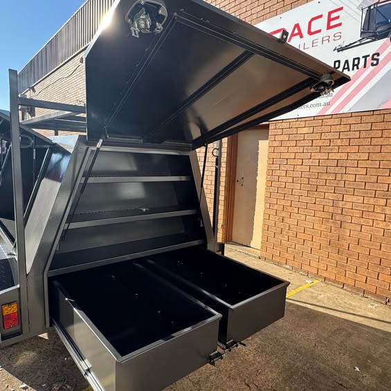 7x5 single axle tradesman top trailer with full length drawers & shelving- 1.4 ton gvm