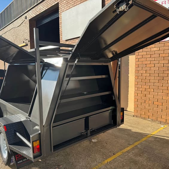 7x5 single axle tradesman top trailer with full length drawers & shelving- 1.4 ton gvm