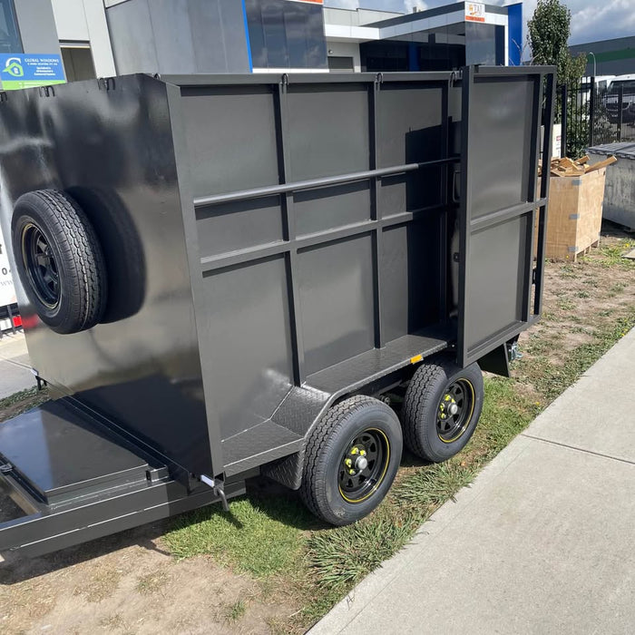 8'x5' Tipper Tandem Trailer 1.5m High Sides + Slide In Ramps