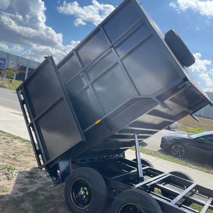 8'x5' Tipper Tandem Trailer 1.5m High Sides + Slide In Ramps