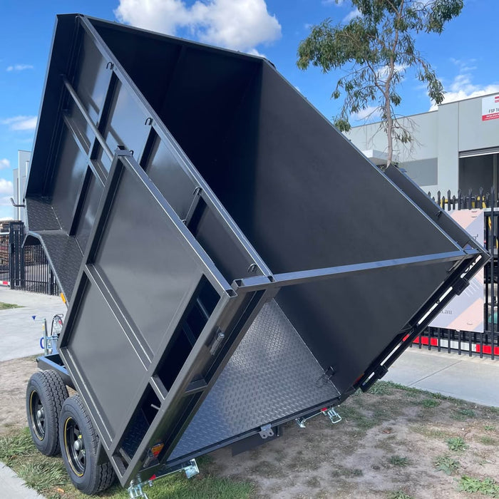 8'x5' Tipper Tandem Trailer 1.5m High Sides + Slide In Ramps