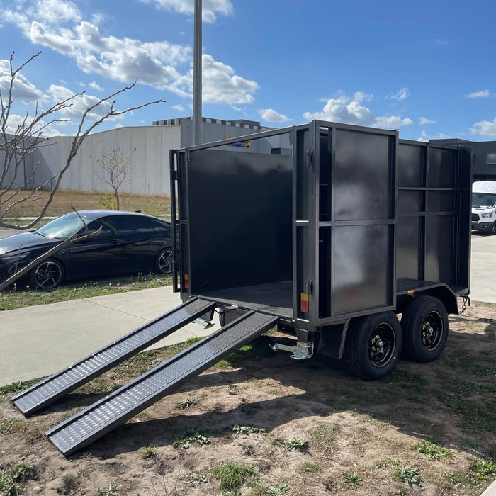 8'x5' Tipper Tandem Trailer 1.5m High Sides + Slide In Ramps