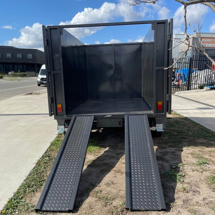 8'x5' Tipper Tandem Trailer 1.5m High Sides + Slide In Ramps
