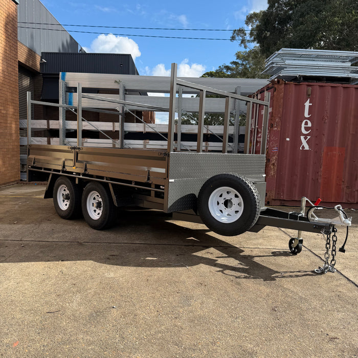 12x7 Flat Table-Top Trailer with Headboard, Drop Sides & Ladder Rack