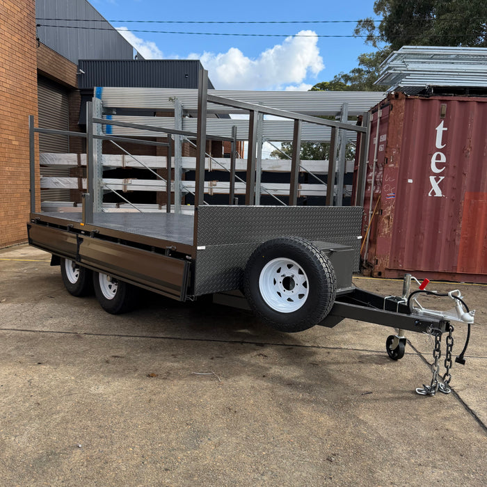 12x7 Flat Table-Top Trailer with Headboard, Drop Sides & Ladder Rack